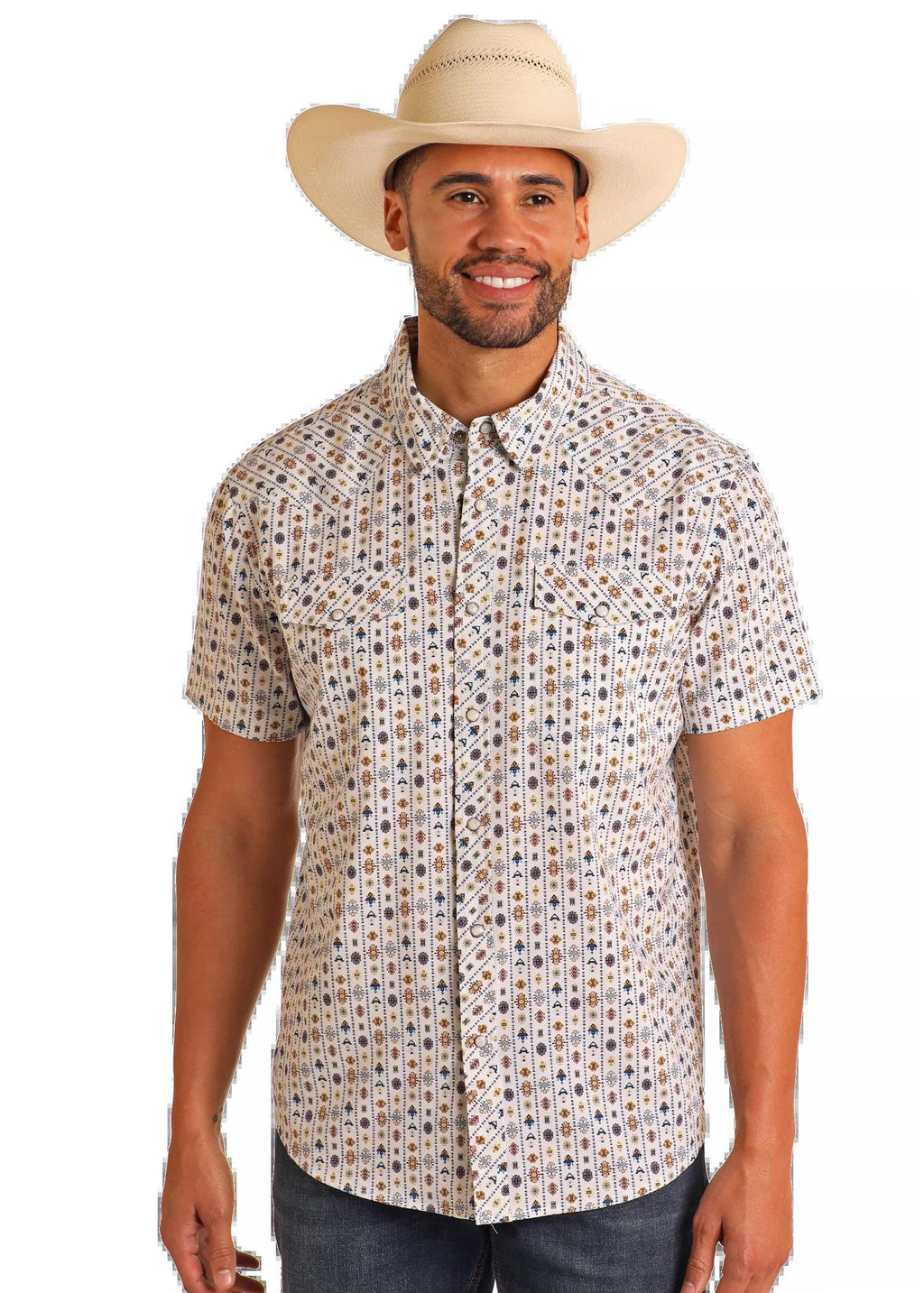 MENS PANHANDLE  WHITE AZTEC STRIPED SHORT SLEEVE SNAP PERFORMANCE SHIRT |TMN3S05720