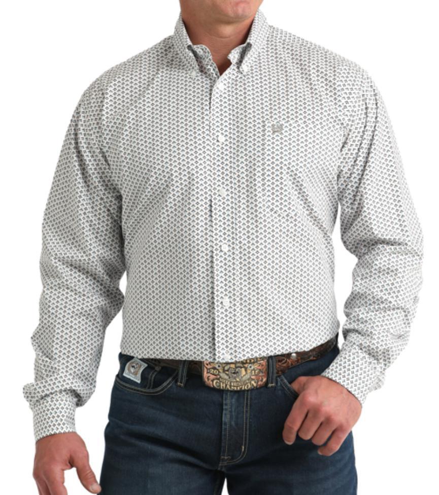 Cinch Men's White/Gray Geo Print Classic Fit Button-Down Western Shirt |MTW1106013