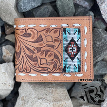 Load image into Gallery viewer, “ OSCAR  “ | MEN BI FOLD WESTERN TOOLED LEATHER WALLET BEADED TURQUOISE