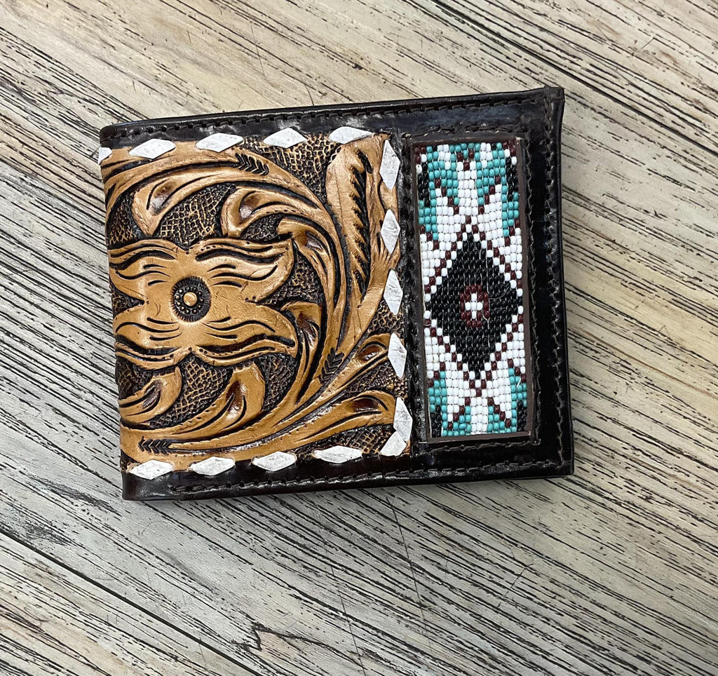 ‘’ WALTER  “ | IRON SPUR WESTERN CO. MEN BI FOLD WESTERN TOOLED LEATHER WALLET BEADED