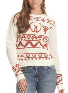 Wrangler Retro Women's Cream with Burnt Orange Longhorns & Horseshoes Sweater | 112335693