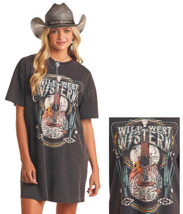 WOMENS ROCK & ROLL BLACK GRAPHIC T-SHIRT DRESS | BWD1R05936