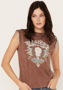 WOMENS ROCK & ROLL CHAIN FRINGE GRAPHIC TANK BROWN| RRWT20R0YN