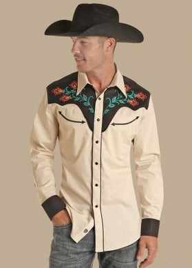 ROCK & ROLL MENS SMILEY EMBROIDERED RETRO NATURAL SHIRT |BMN2S01223