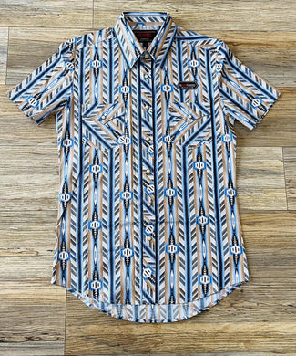 Mens RRd short sleeve 2pkt blue aztec dale snap shirt | BMN3S03928