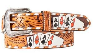 3D Western Mens Belt Leather Painted Ace Cards Natural |D100016848