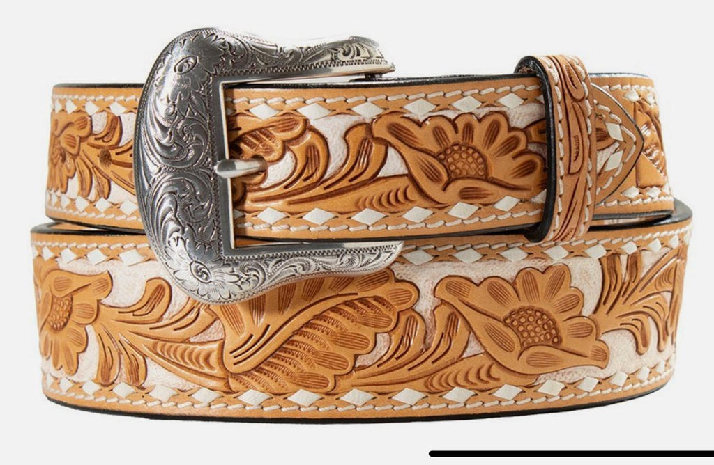 Nocona Western Belt Mens Tooled Floral Buck Lacing Natural |N210009748