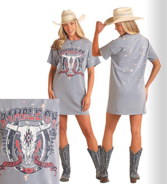 WOMENS ROCK & ROLL SKY BLUE GRAPHIC T-SHIRT DRESS | BWD1R05942