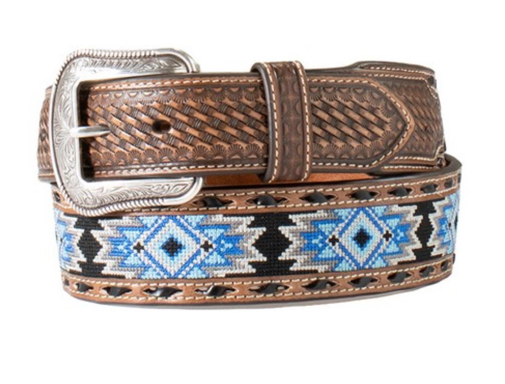 ‘’DANIEL’’ 3D Western Belt Mens Diamond Inlay Embossed Brown Blue |D100017002