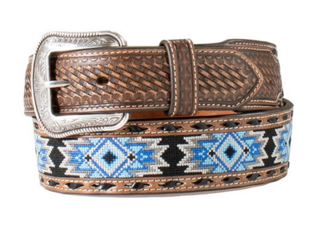 ‘’DANIEL’’ 3D Western Belt Mens Diamond Inlay Embossed Brown Blue |D100017002