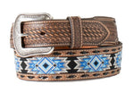 ‘’DANIEL’’ 3D Western Belt Mens Diamond Inlay Embossed Brown Blue |D100017002