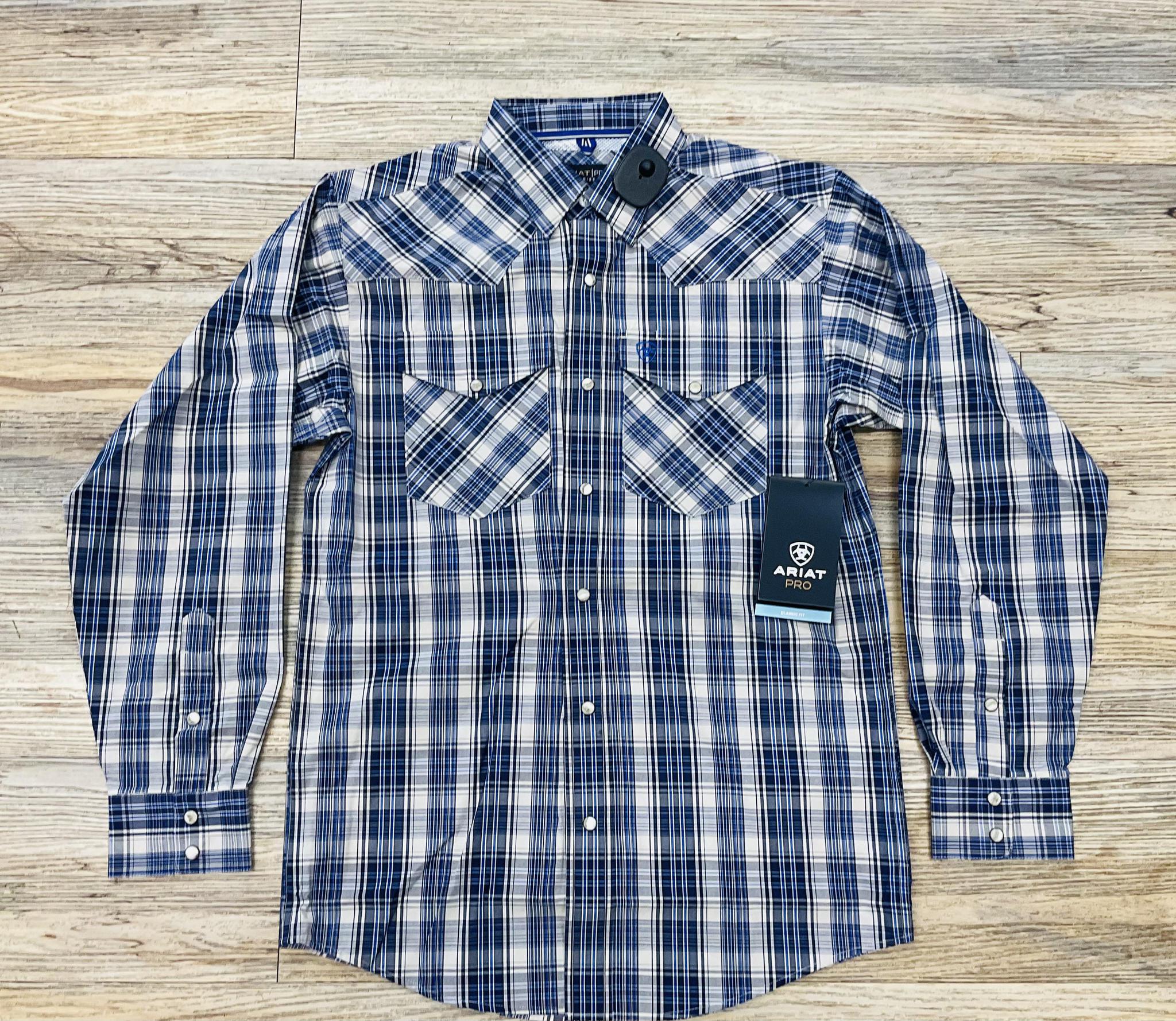 MENS ARIAT PRO SANDY SNAP NAVY BLUE LONG SLEEVE SHIRT | 10052346