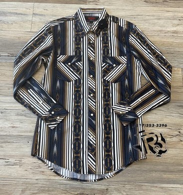Men’s rock & roll 2pkt Aztec stripe snap brown shirt | BMN2S02177