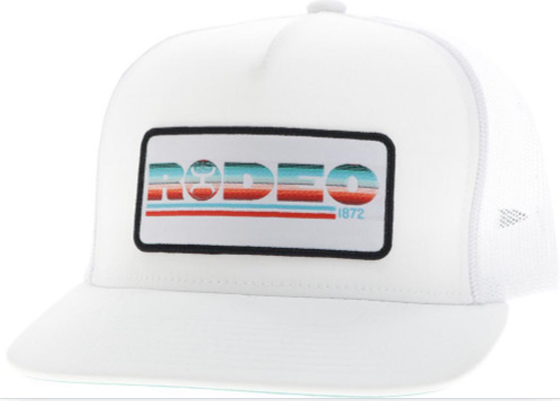 ‘’LEO’’ HOOEY MENS RODEO WHITE 5 PANEL TRUCKER WITH SERAPE/WHITE RECTANGULAR PATCH CAP| 2560T-BK