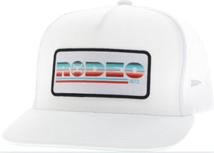 ‘’LEO’’ HOOEY MENS RODEO WHITE 5 PANEL TRUCKER WITH SERAPE/WHITE RECTANGULAR PATCH CAP| 2560T-BK