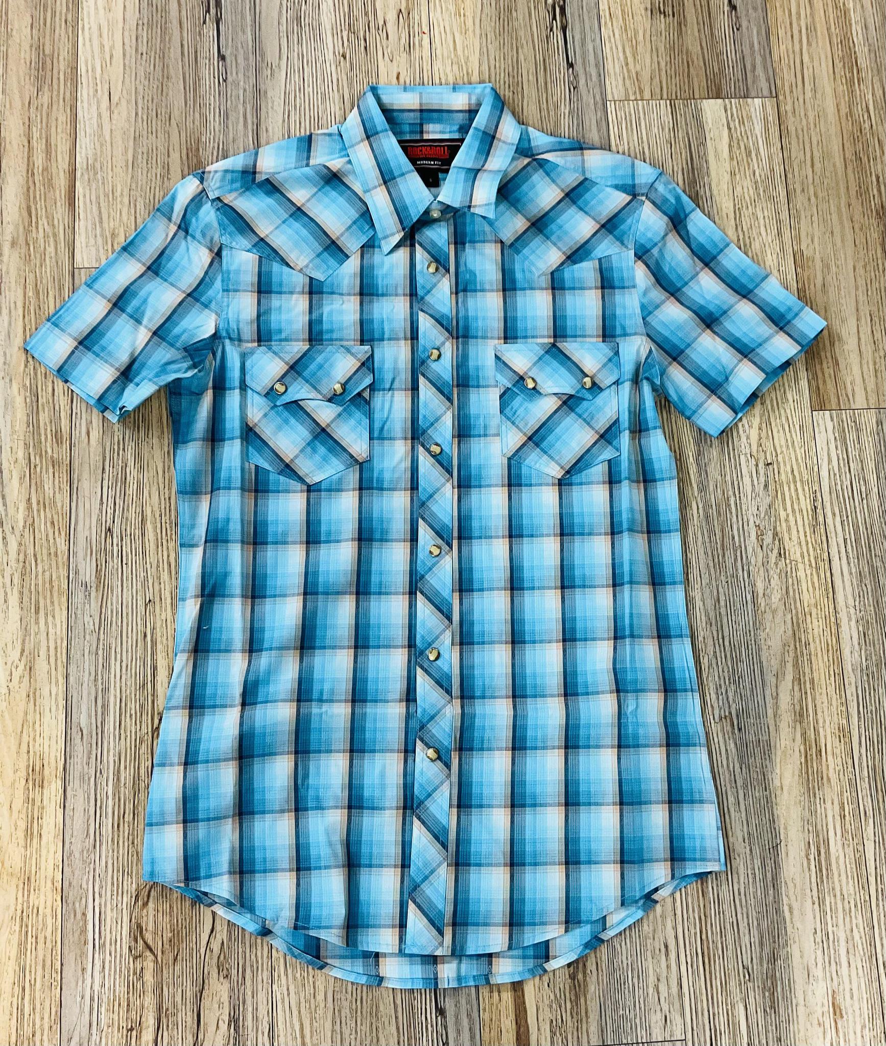 MEN’S ROCK & ROLL MODERN FIT PLAID DOBBY BRIGHT TURQUOISE SHORT SLEEVE SNAP SHIRT | BMN3S05852