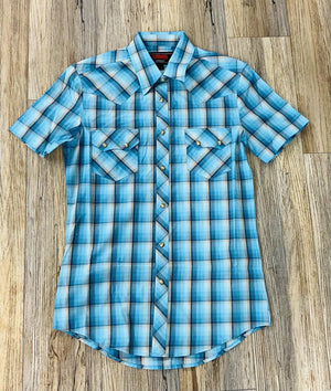 MEN’S ROCK & ROLL MODERN FIT PLAID DOBBY BRIGHT TURQUOISE SHORT SLEEVE SNAP SHIRT | BMN3S05852
