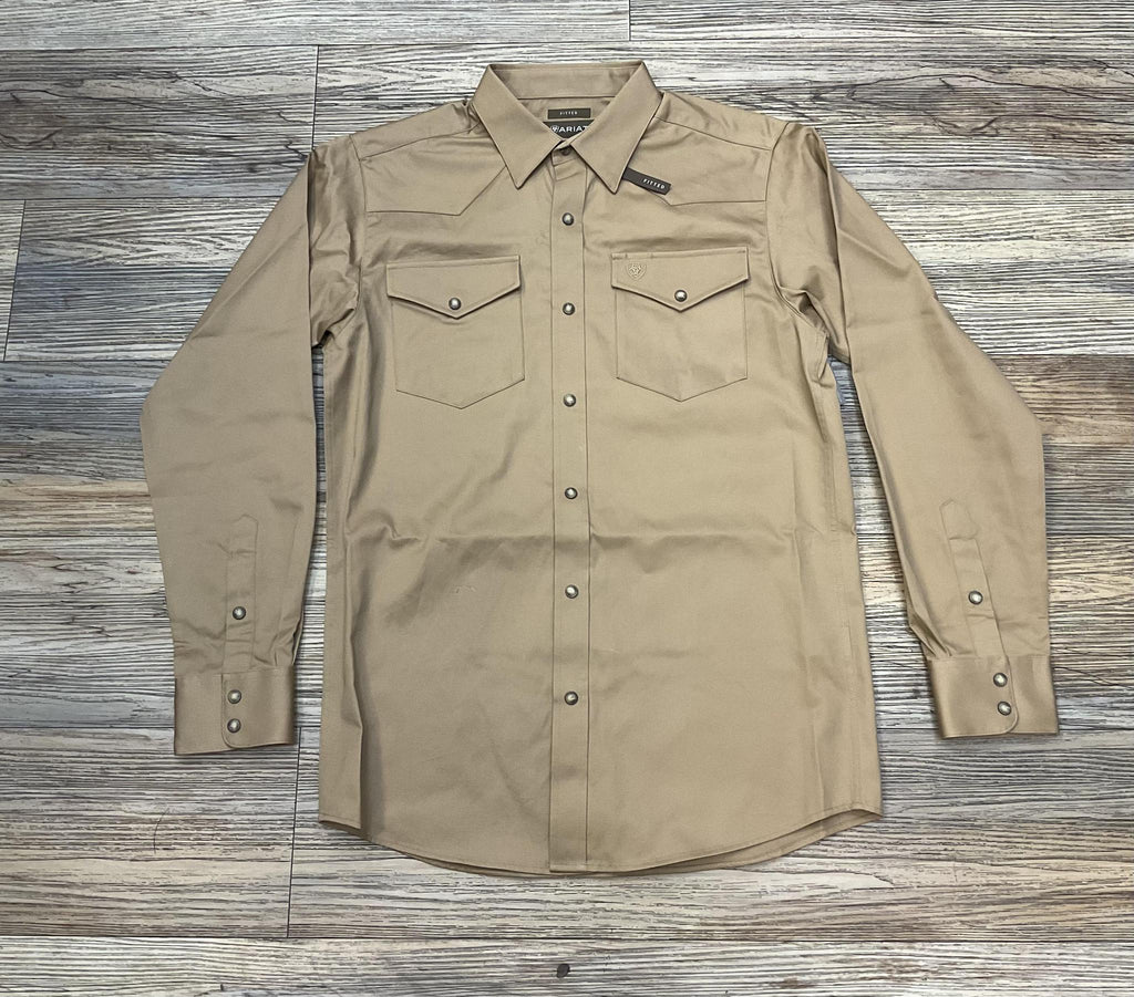 ARIAT MEN’S KHAKI SOLID TWILL FITTED SNAP LONG SLEEVE SHIRT| 10065873