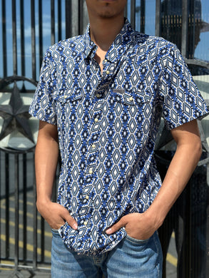 Men’s short sleeve 2pkt Aztec woven snap indigo shirt | TMN3S02473