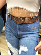 Load image into Gallery viewer, ARIAT LADIES BELT 1 1/2 FLOWER TOOLED STRAP AND BUCKLE BROWN
