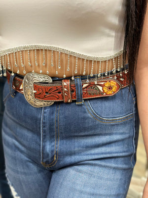 NOCONA LADIES BELT 1 1/2 FLOWER EMBOSSED OVERLAY RED