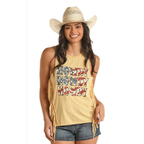 Womens fringe tank with graphic sunshine | RRWT20R0YJ
