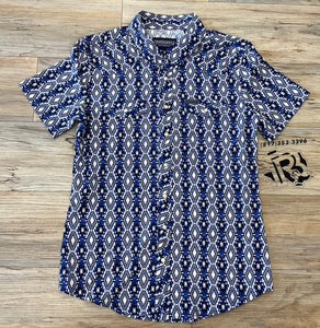 Men’s short sleeve 2pkt Aztec woven snap indigo shirt | TMN3S02473