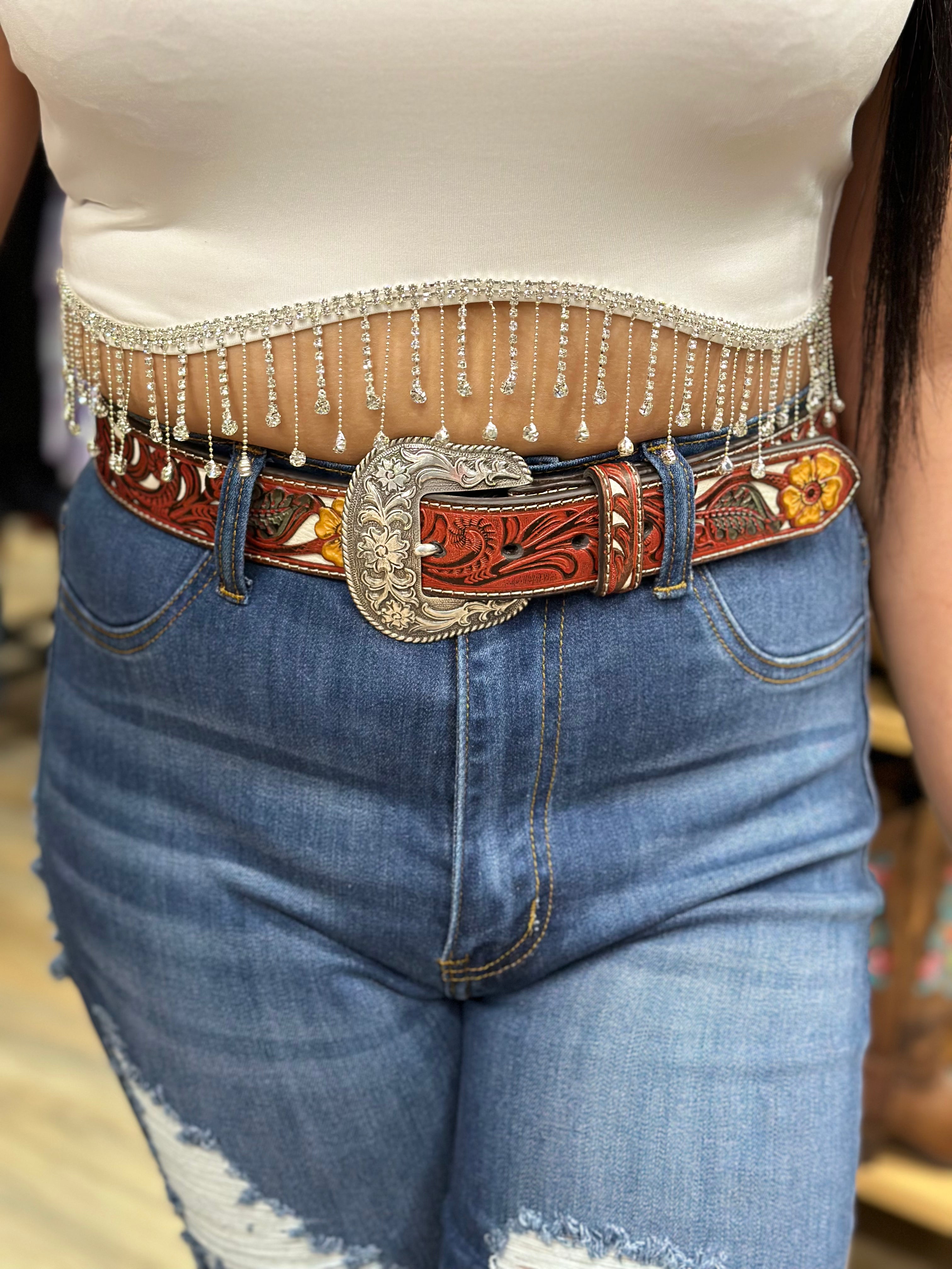 NOCONA LADIES BELT 1 1/2 FLOWER EMBOSSED OVERLAY RED