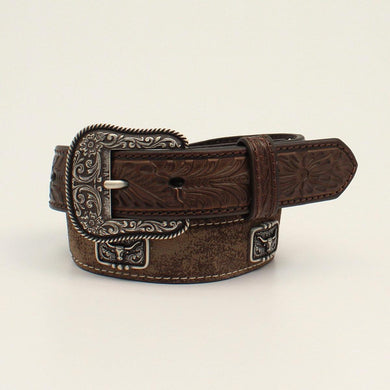 KID’S ARIAT BOYS BELT 1 1/4 FLORAL TABS LONGHORN CONCHO BROWN (A1307202)