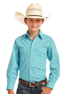 PANHANDLE SLIM BOYS TURQUOISE & BROWN PRINTED SNAP UP WESTERN SHIRT R2S6447