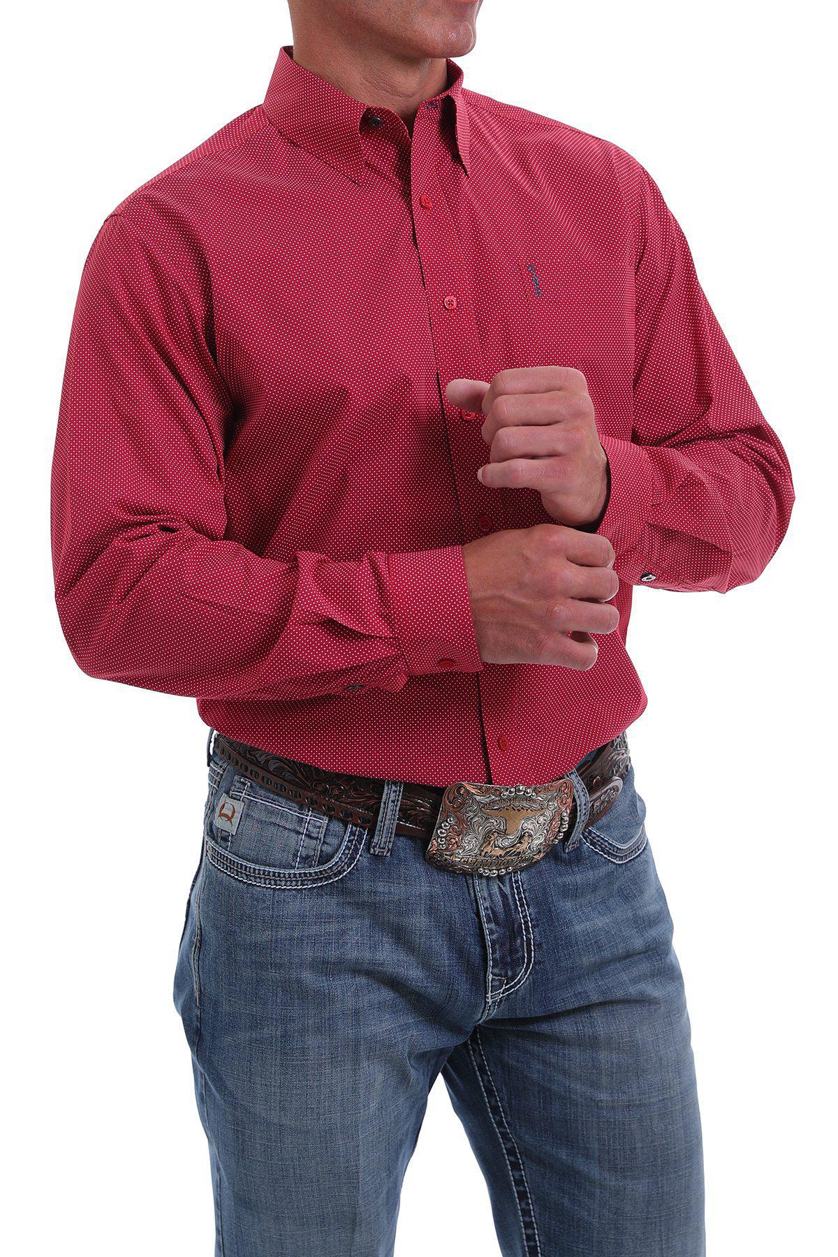 CINCH'S MEN'S MODERN FIT RED LONG SLEEVE BUTTON-UP