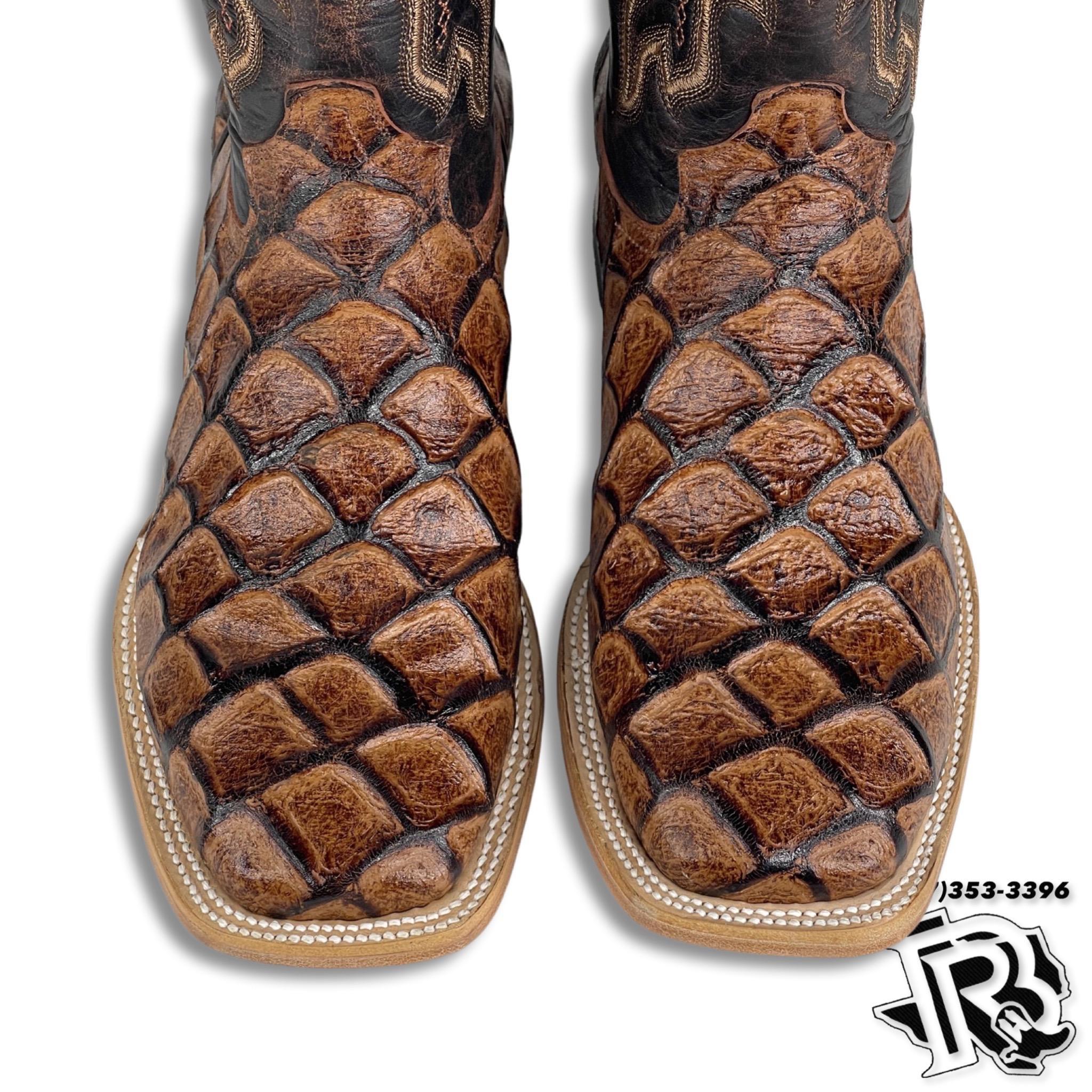 Men Boots | Fish Print Boots Cognac Square Toe Boots