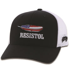 Load image into Gallery viewer, 1929T-BKWH Desc: Resistol black / white mesh 6-panel trucker with embroidered logo - OSFA
