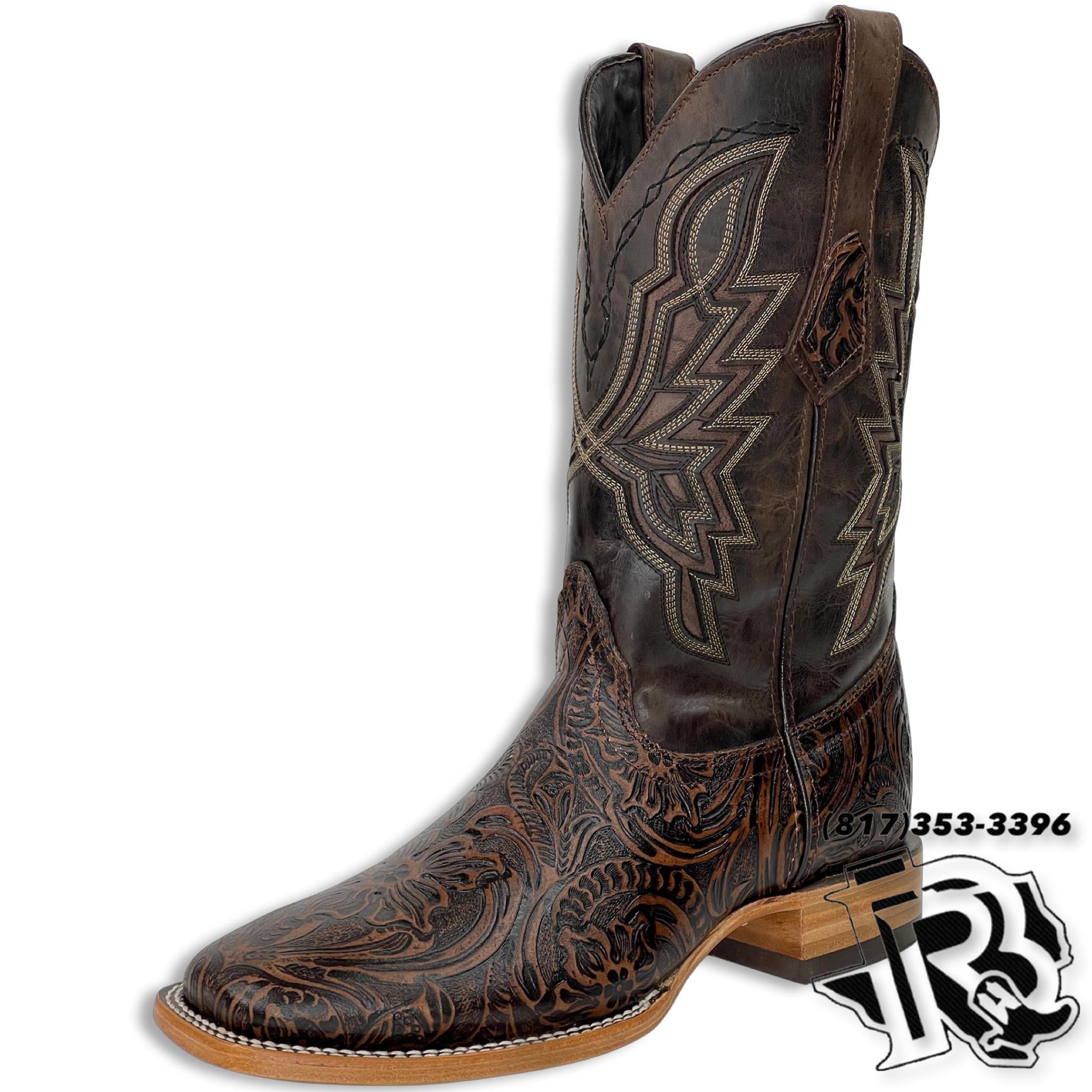 “ Reno “ | Men Western Square Toe Boots Brown Tooled Leather