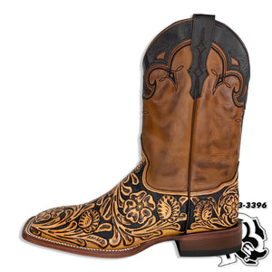 TOOLED LEATHER EDITION | BLACK/NATURAL HANDMADE MEN SQUARE TOE BOOTS