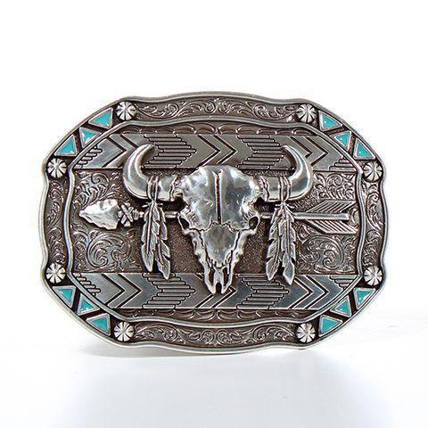 Nocona Rectangle Arrow Skull Feather Buckle | 37007