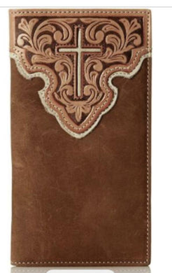 Nocona Western Mens Wallet Rodeo Leather Tooled Cross Inlay Brown |N5431044