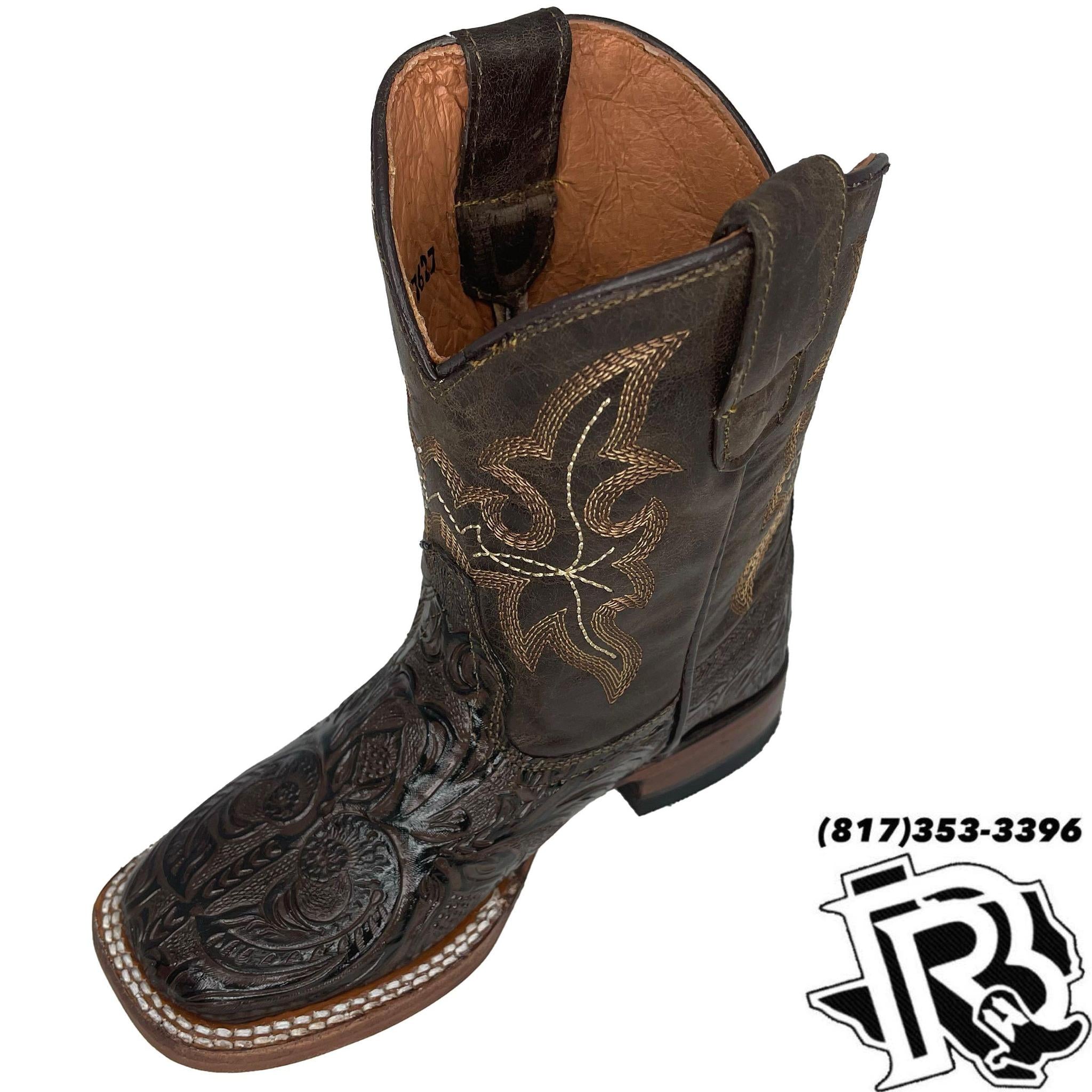 KIDS TOOLED LEATHER BOOTS | CHOCOLATE SQUARE TOE