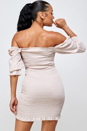 BLUSH OFF SHOULDER BODYCON DRESS