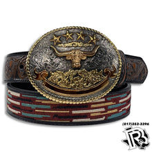 Load image into Gallery viewer, “ THE PUNCHY “ | 3D MENS BELT 1 1/2 TOOLED TABS WOVEN INLAY BLACK D100012301