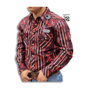 “ Louis “ | MENS LONG SLEEVE AZTEC POPLIN PRINT BURGUNDY ROCK & ROLL SHIRT |RRMSOSRZ1K
