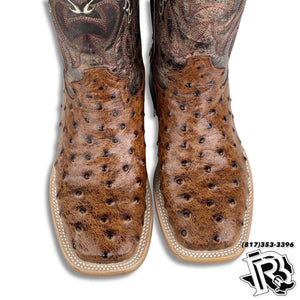 WOMEN BOOT | Cognac Ostrich Print Western Square Toe Boot