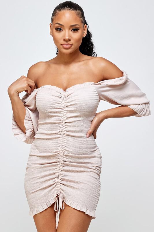 BLUSH OFF SHOULDER BODYCON DRESS