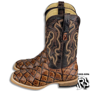 Men Boots | Fish Print Boots Cognac Square Toe Boots