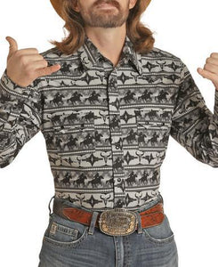 MENS LONG SLEEVE DALE POPLIN CHARCOAL PRINT ROCK & ROLL | RRMSOSRZ0L