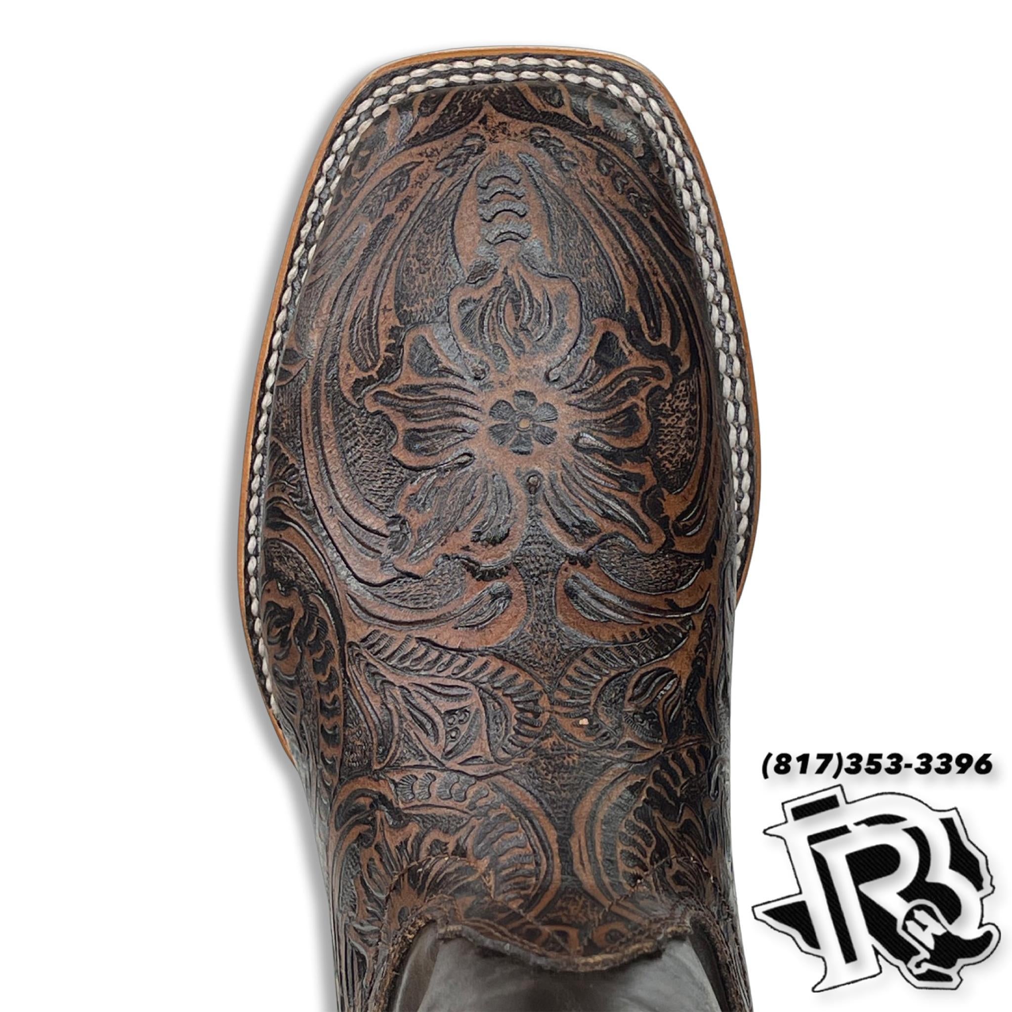 “ Reno “ | Men Western Square Toe Boots Brown Tooled Leather