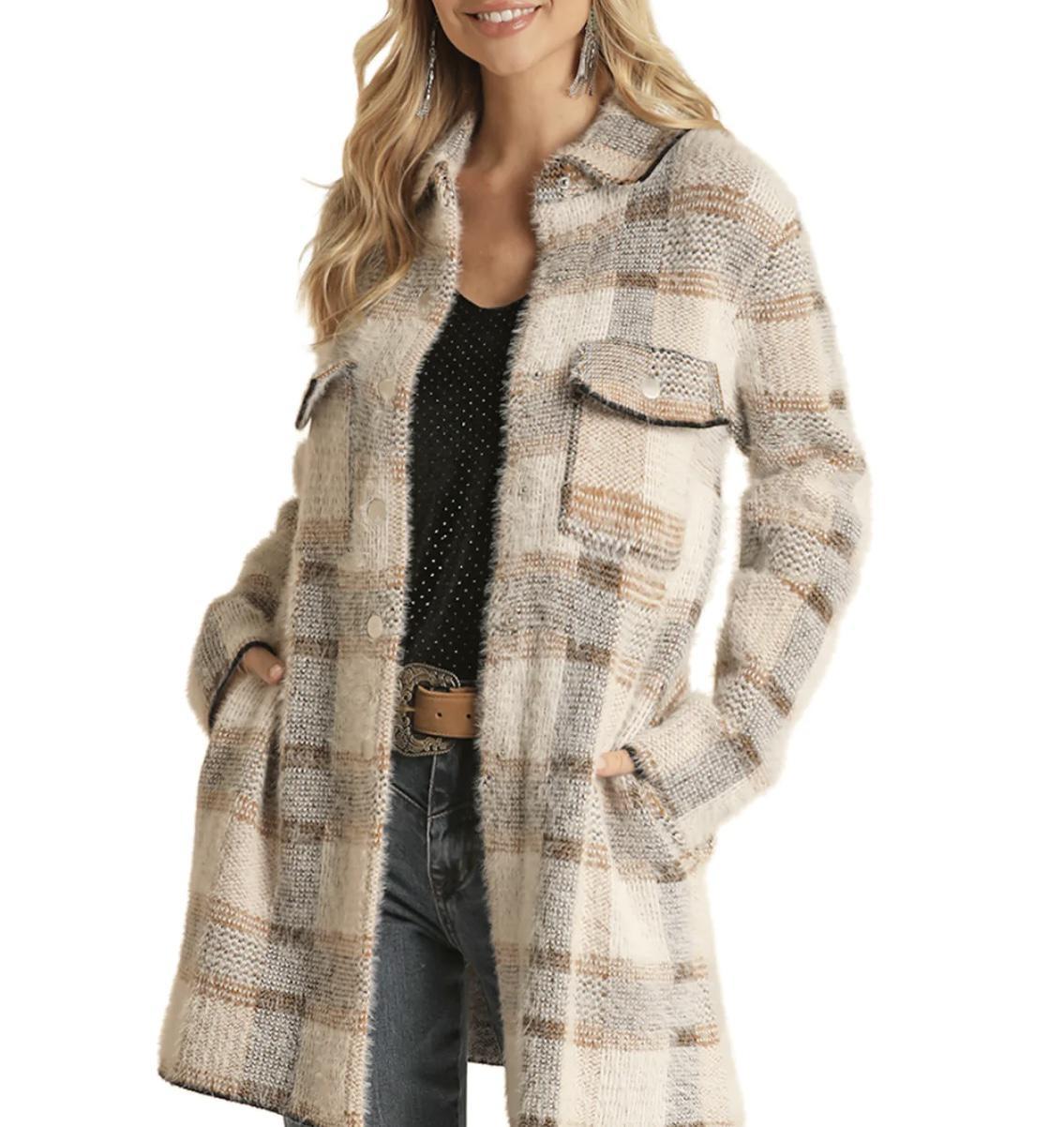 Rock Roll Cowgirl Women s Cream Plaid Sweater Coat Botas Rojero