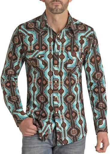 MENS SLIM FIT BROWN AND TURQUOISE AZTEC PRINT SNAP SHIRT ROCK & ROLL| RRMSOSRZ14