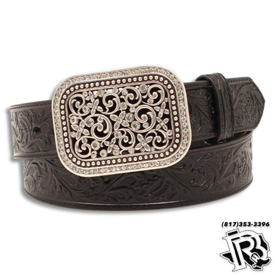 Ladies Ariat Belt Black Embossed Ornate Silver Buckle A10006901