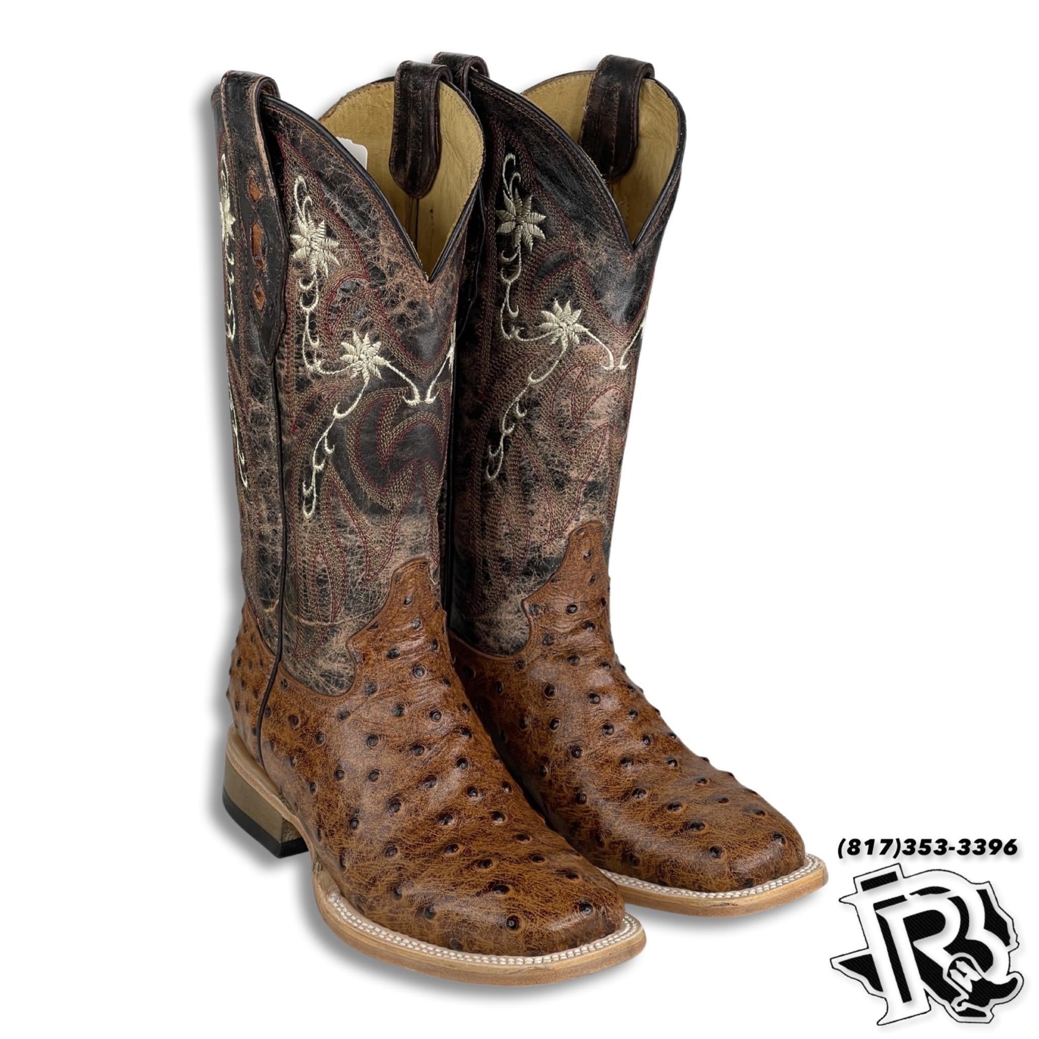 WOMEN BOOT | Cognac Ostrich Print Western Square Toe Boot
